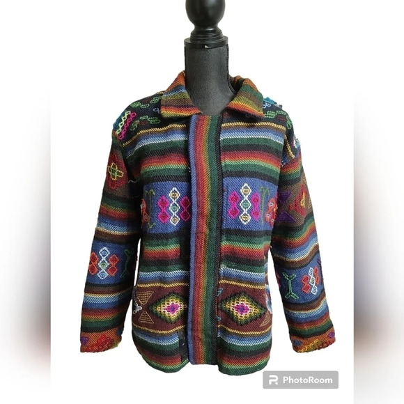 nepal Jackets & Blazers - Nepal Wool Aztec Southwestern Navajo Colorful Rainbow Zip Jacket XL Lined Vtg